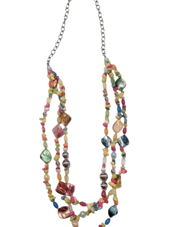 Source Unknown Jewelry - Smooth Stone Three Strand Chain Link Necklace In Pink, Blue, Yellow